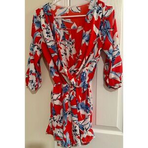 Sage Floral Romper Women's Red Blue White V-Neck 3/4 Sleeve Elastic‎ Waist small